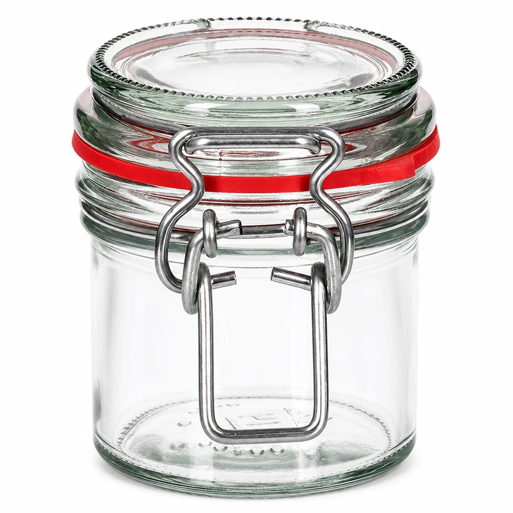 Bocal de conservation de 135 ml, type G, avec bouchon à clip UN Pot à provisions vide de 135 ml avec fermeture à étrier et joint en caoutchouc rouge en verre transparent sur fond blanc
