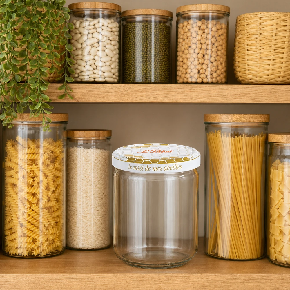 Le Parfait® pot miel 212 ml Ø63 mm Verre à provisions vide de 212 ml Le Parfait Honey entre les boîtes à provisions remplies dans le rangement organisé des étagères de cuisine