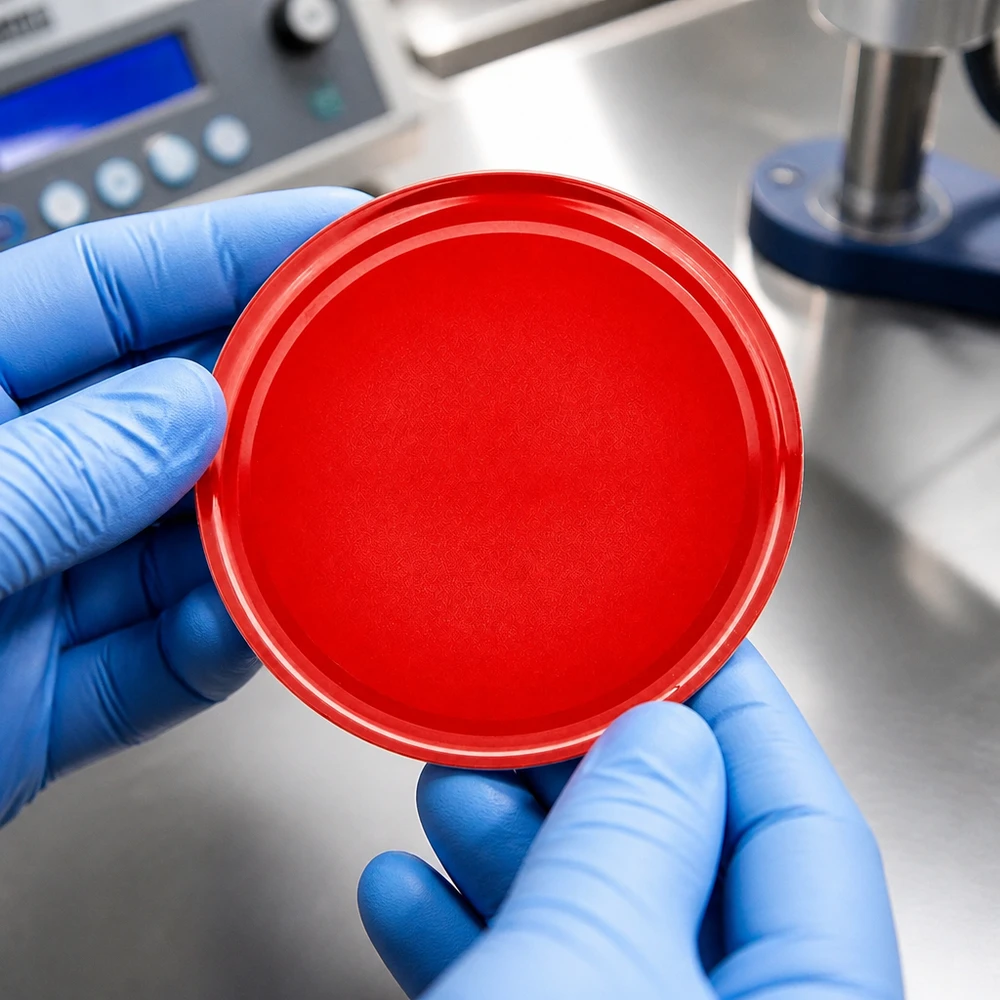 Couvercle UNiTWIST BasicSeal 82 mm TO82 rouge – Vue de dessus de la surface d'étanchéité dans un environnement professionnel