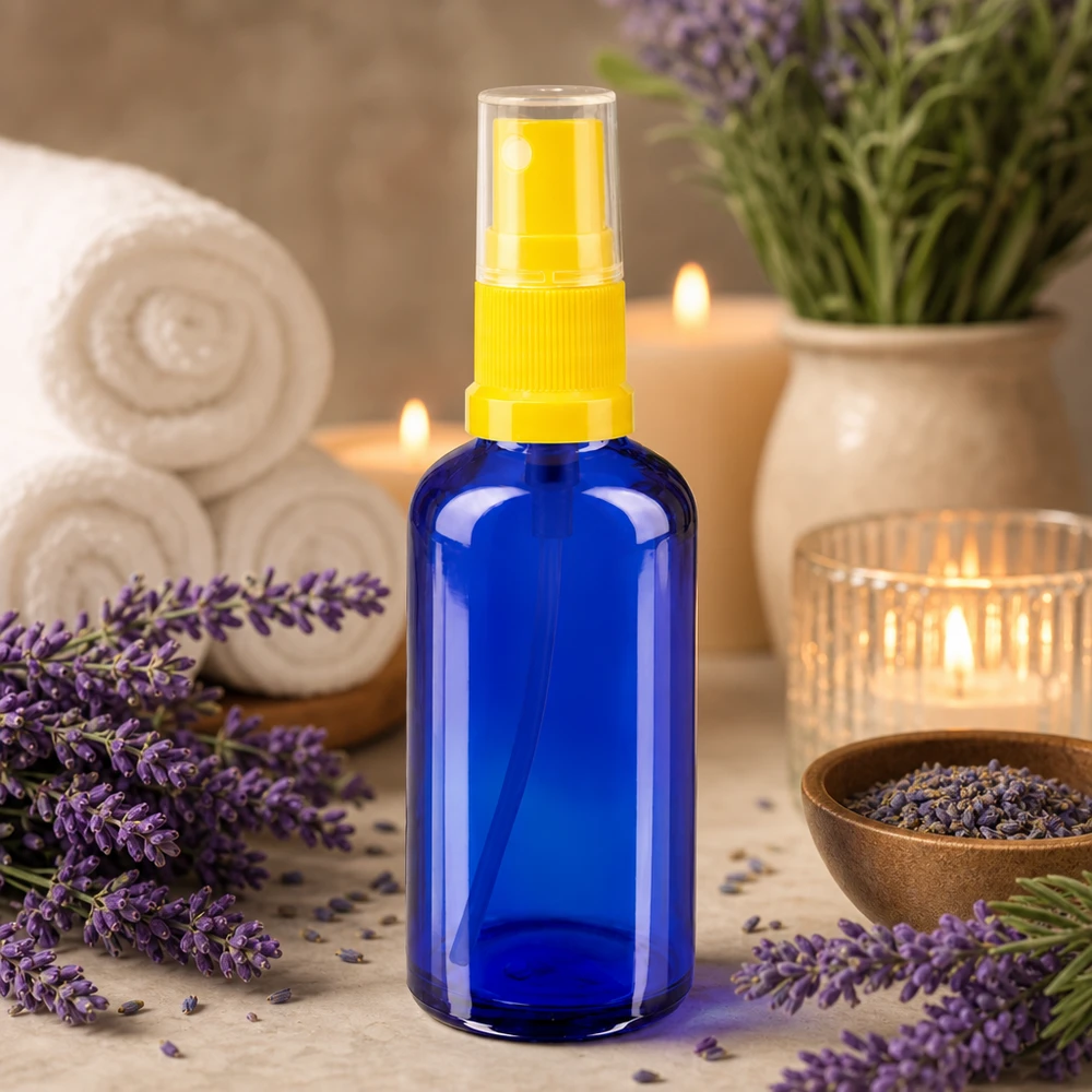 Flacon vaporisateur en verre bleu de 50 ml avec pompe jaune, dans une ambiance spa apaisante