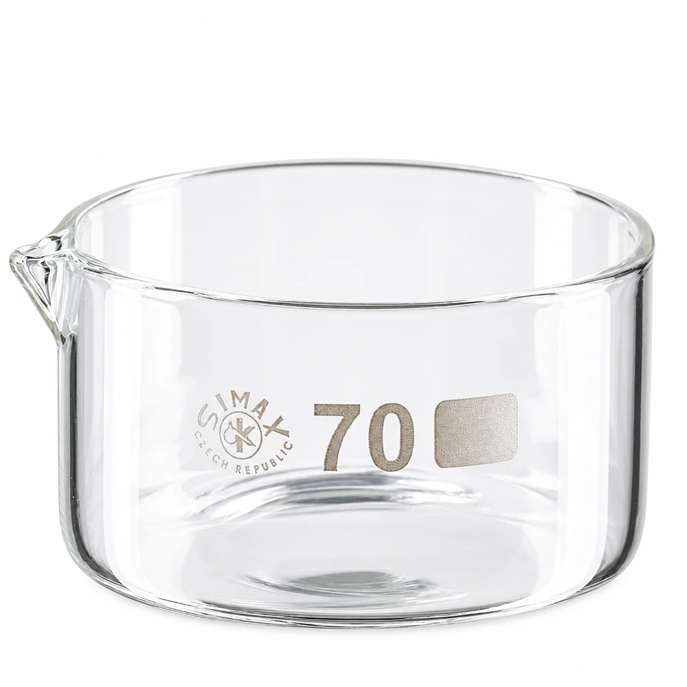 Coupelle de cristallisation 100 ml avec bec verseur Bol en verre transparent de 70 mm de diamètre avec bec verseur, destiné au laboratoire et à la cristallisation