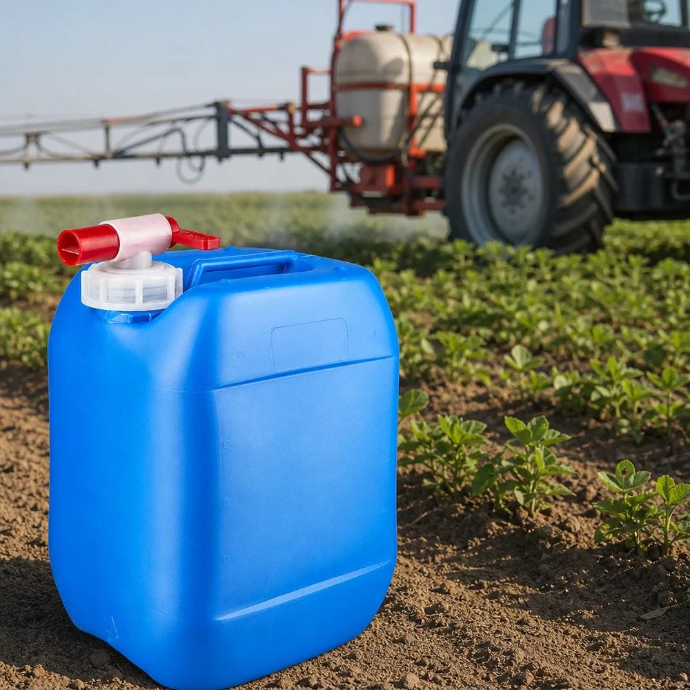 Bidon carré en plastique de 10 litres, bleu, avec un robinet rouge, dans un champ agricole