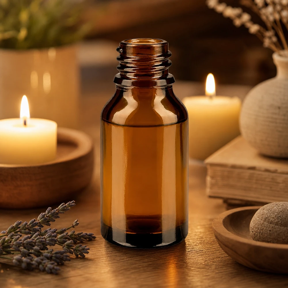 Flacon avec compte-gouttes 15 ml DIN18 - verre ambré Bouteille de pharmacie ApoGlas brune de 15 ml à la lumière chaude d'une bougie avec des branches de lavande et des accessoires de spa sur une surface en bois