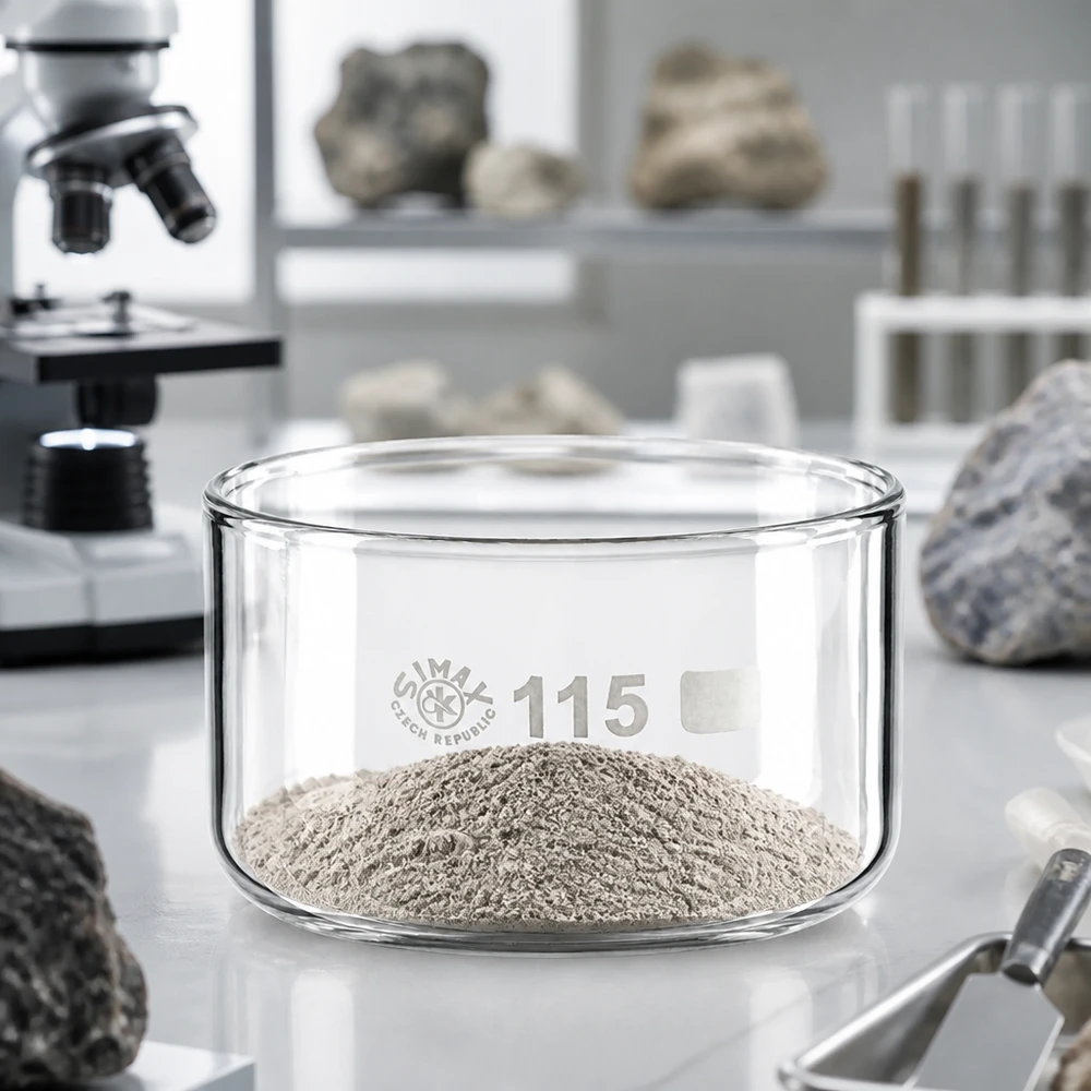 Coupelle en verre borosilicaté transparent de 115 mm de diamètre contenant de la poudre de roche, dans un laboratoire de géologie