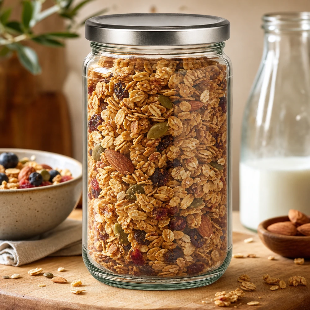 Verre rond de 305ml avec couvercle BasicSeal argenté rempli de céréales et de noix comme bocal de réserve dans la cuisine naturelle