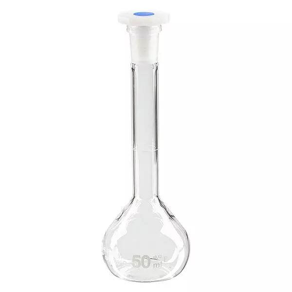 Ballon gradué 50 ml au rodage normalisé 12/21, en verre borosilicate avec bouchon en PEHD