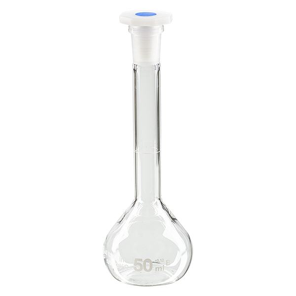 Ballon gradué 50 ml au rodage normalisé 12/21, en verre borosilicate avec bouchon en PEHD Ballon gradué 50 ml au rodage normalisé 12/21, en verre borosilicate avec bouchon en PEHD
