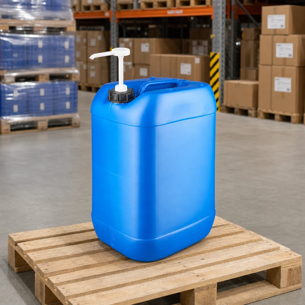 Bidon de 25 litres bleu avec pompe doseuse Grand bidon bleu de 25 litres avec une pompe blanche pour le soutirage, disponible en entrepôt