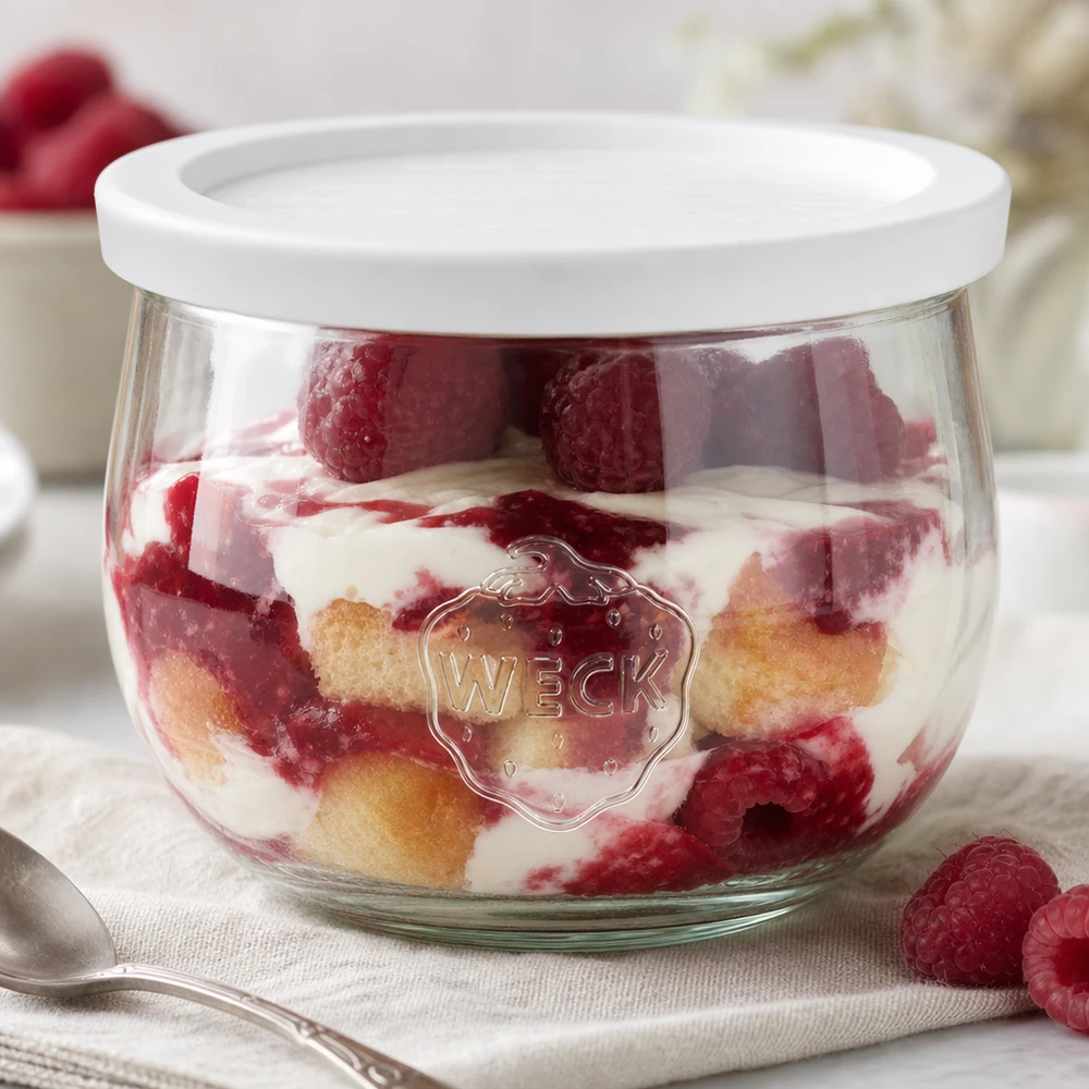 WECK Pot tulipe 580ml avec couvercle fraîcheur comme coupe à dessert pour dessert en couches avec framboises et crème fraîche