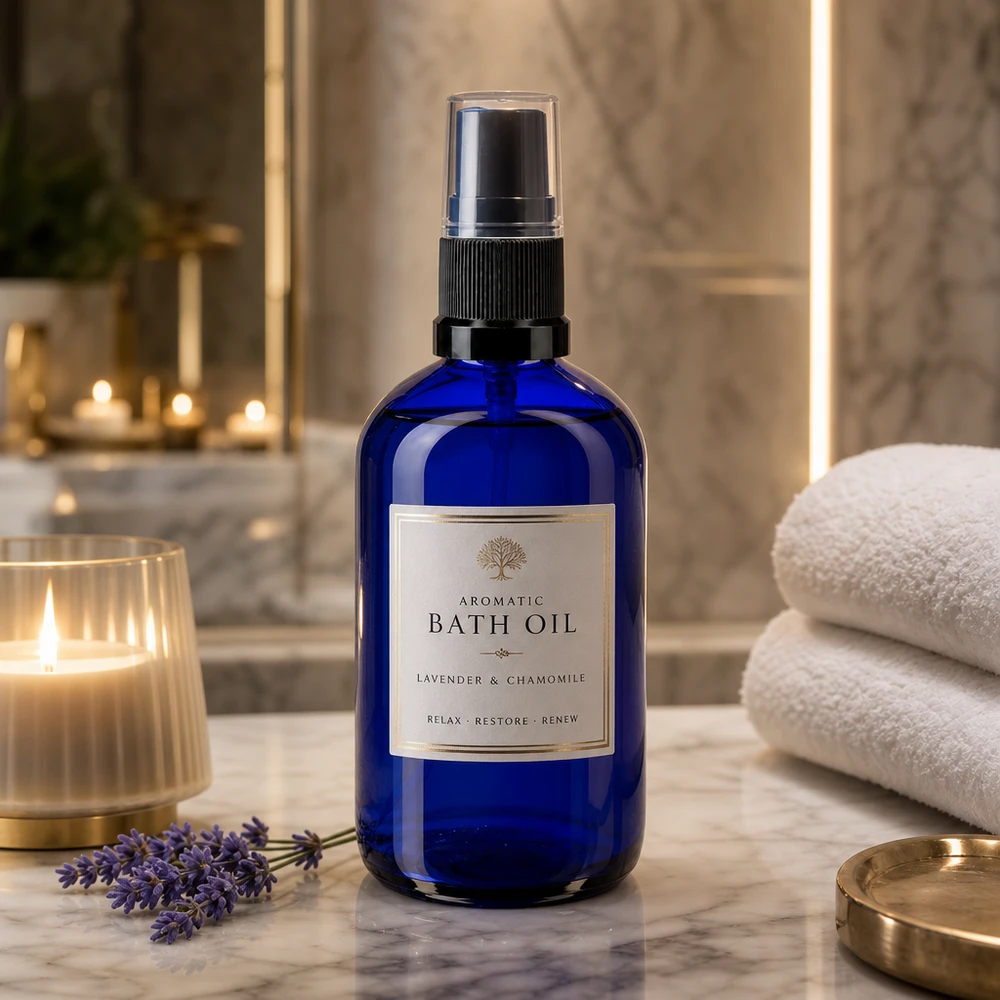Flacon vaporisateur en verre bleu cobalt de 100 ml avec vaporisateur noir, dans un décor de salle de bains luxueux
