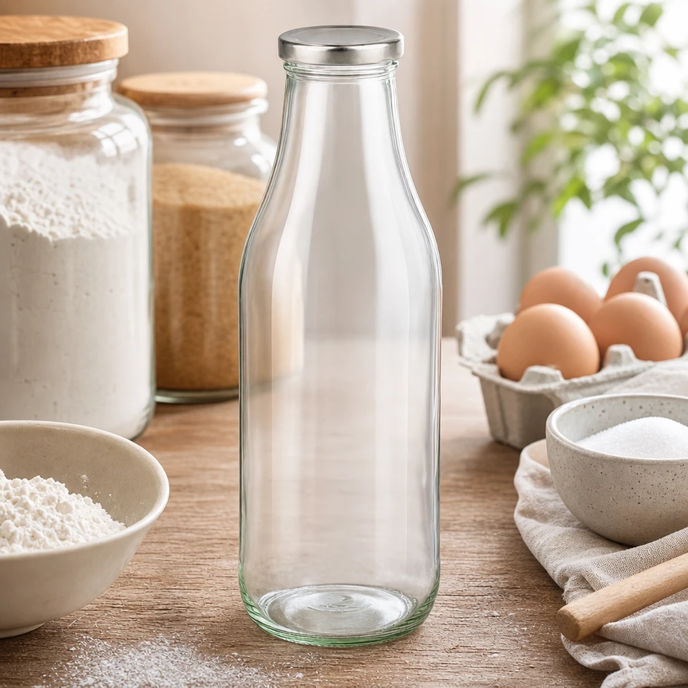 1000ml Bouteille avec couvercle BasicSeal argent UNiTWIST Glasflasche 1000ml in stilvoller Küchenumgebung mit Backzutaten und Dekoration für den täglichen Gebrauch