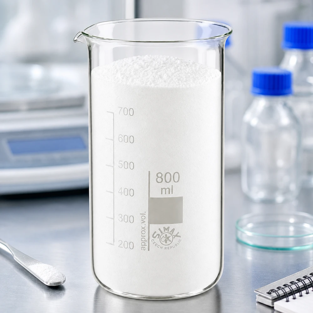 Bécher 800ml en verre borosilicate résistant à la chaleur (forme haute) Bécher en verre transparent de 800 ml, de forme haute, contenant une fine poudre blanche dans un laboratoire professionnel