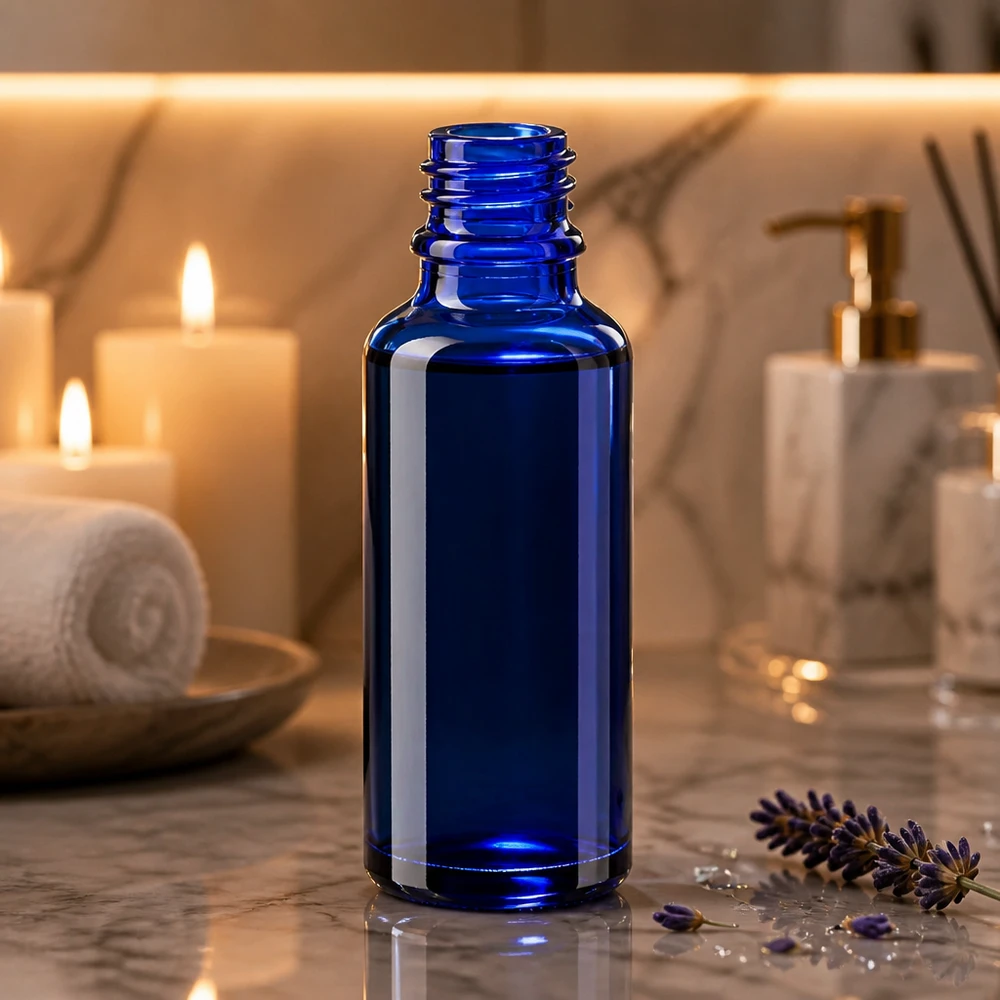 Flacon de pharmacie bleu cobalt de 30 ml, ApoGlas, sans bouchon, avec filetage apparent