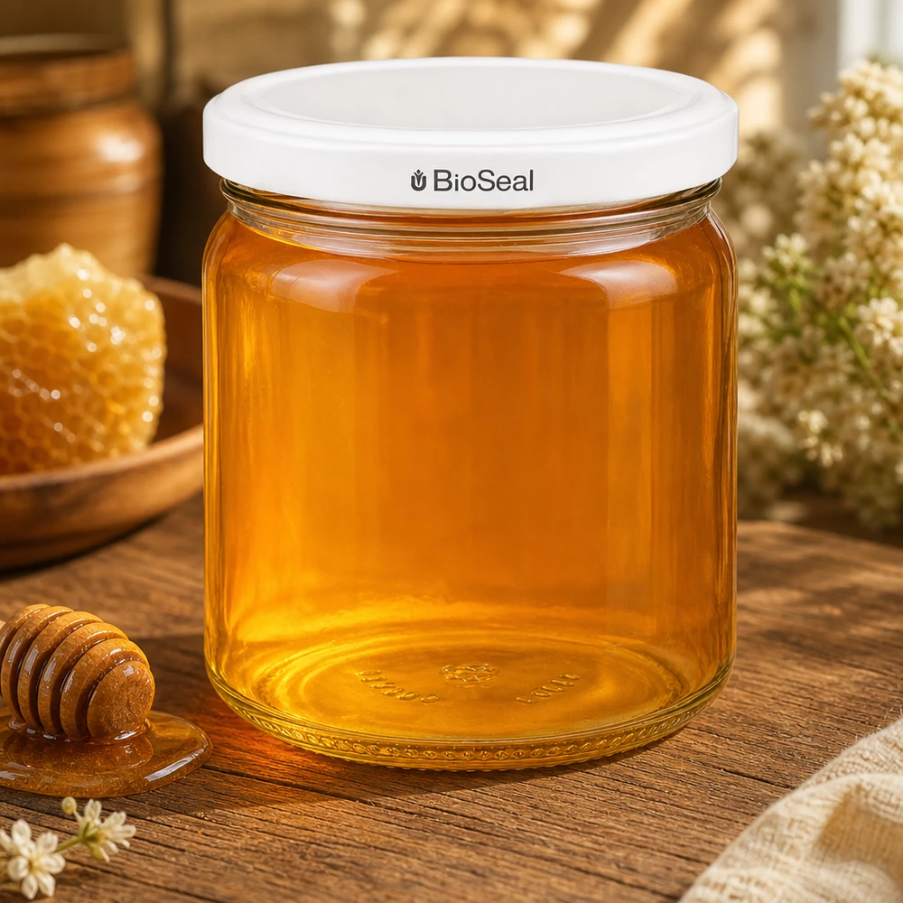 408ml Verre rond avec couvercle BioSeal blanc UNiTWIST UNiTWIST Runda408 rempli de miel doré - conservation traditionnelle du miel dans un pot en verre avec BioSeal TO82 blanc