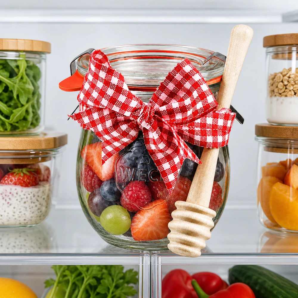 WECK Pot de conserve 220ml au réfrigérateur rempli de baies fraîches, cuillère à miel et décoration rouge