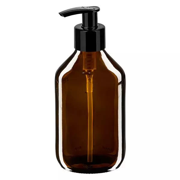 Flacon médical de 250ml brun, avec pompe distributrice noire ApoGl Flacon médical de 250ml brun, avec pompe distributrice noire ApoGl