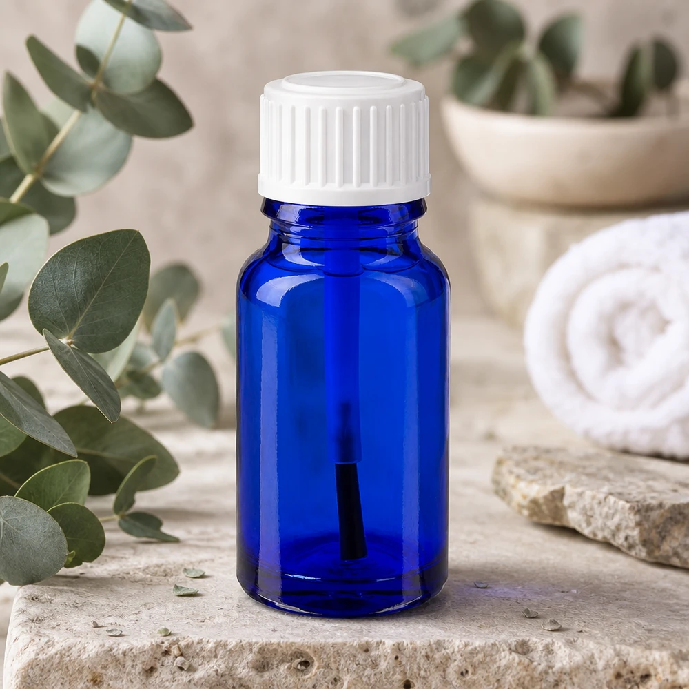 Flacon en verre de pharmacie de 10 ml, bleu cobalt, avec bouchon pinceau de précision pour huiles essentielles