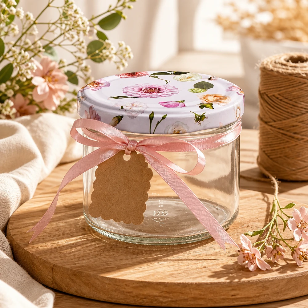 Pot en verre de 225 ml + couvercle BasicSeal rose UN... 225ml verre renversé avec couvercle à fleurs roses décoré avec un ruban et une étiquette cadeau sur un plateau en bois