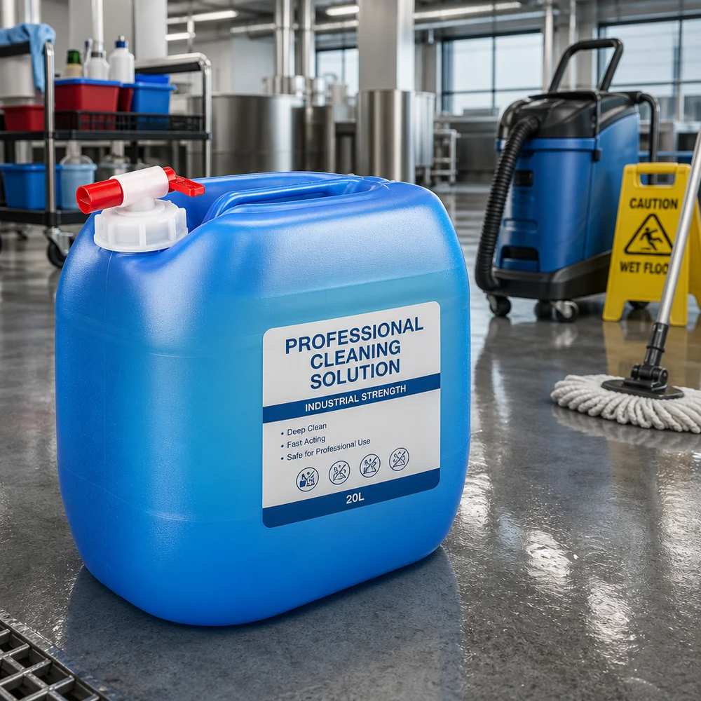 Bidon bleu de 30 litres muni d'un robinet, posé à côté d'une serpillière et d'un aspirateur industriel sur un sol en béton