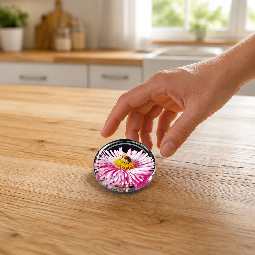 Couvercle de conserve BasicSeal de 82 mm, motif floral avec bord noir et aster rose, UNiTWIST