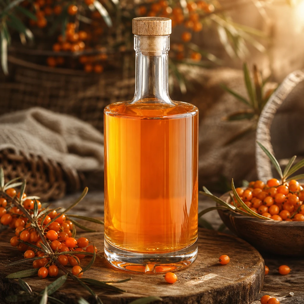 Bouteille en verre 500 ml « Nora » avec bouchon en bois UNiTWIST® Bouteille en verre Nora 500ml avec liqueur d'argousier orange bouchon en bois UNiTWIST présentation rustique planche en bois baies