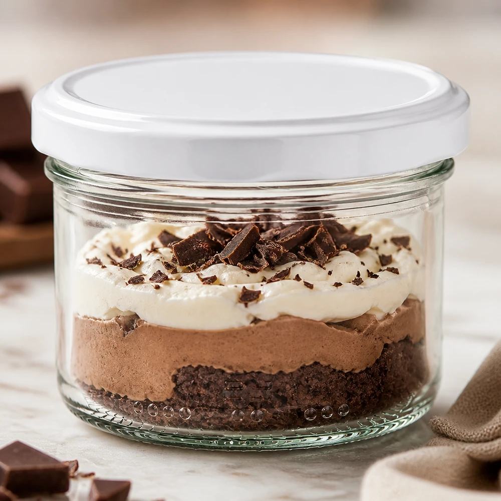230ml Verre cylindrique avec couvercle BioSeal blanc UNiTWIST Bocal de 230 ml avec couvercle blanc hermétique montrant un dessert au chocolat en couches comme exemple d'utilisation