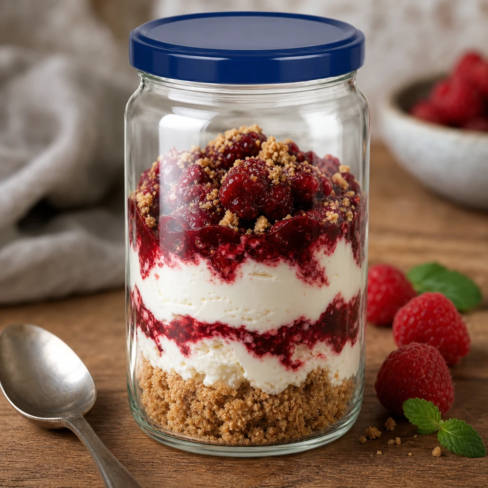Verre rond de 795 ml avec couvercle bleu UNiTWIST rempli d'un dessert à couches de crème de baies et de miettes de biscuits sur une table en bois