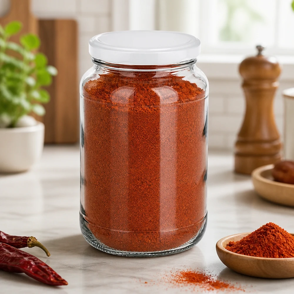 1700ml Verre rond avec couvercle BasicSeal blanc UNiTWIST Bocal rond de 1700 ml rempli de paprika en poudre montre une utilisation pratique comme pot à épices avec fermeture BasicSeal