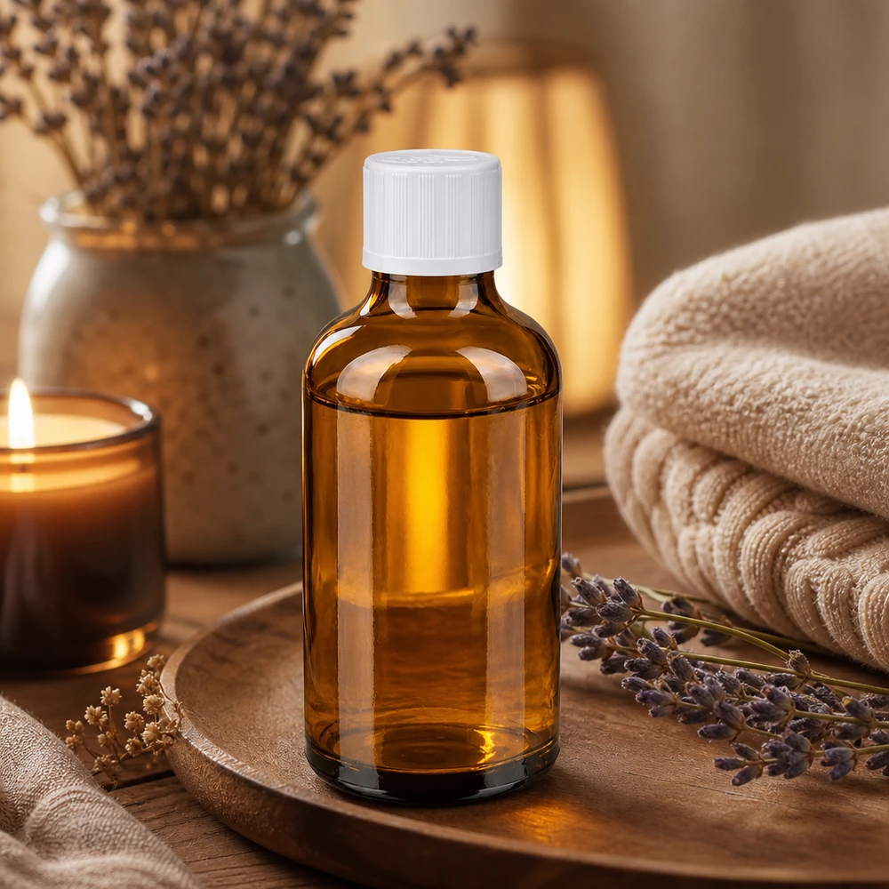 Flacon à pharmacie marron 50ml bouchon vissable blanc sécurité enfant std Flacon de pharmacie opaque de 50 ml, marron, avec bouchon KiSi blanc, dans une ambiance spa