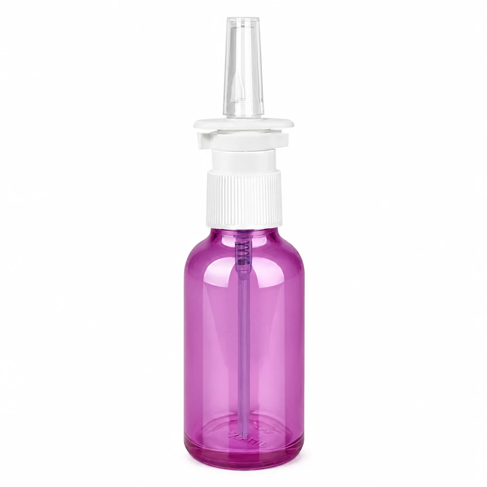 Vaporisateur nasal de 30ml blanc/transparent standard PurpleLine. UT18/30 Vaporisateur médical en plastique transparent violet avec bouchon à pompe blanc hygiénique