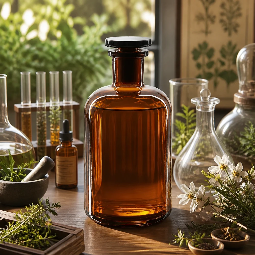 Flacon pharmaceutique 500 ml col étroit en verre ambré + bouchon Bouteille classique à épaulement arrondi, 500 ml, marron, col étroit, protection UV, bouchon en verre