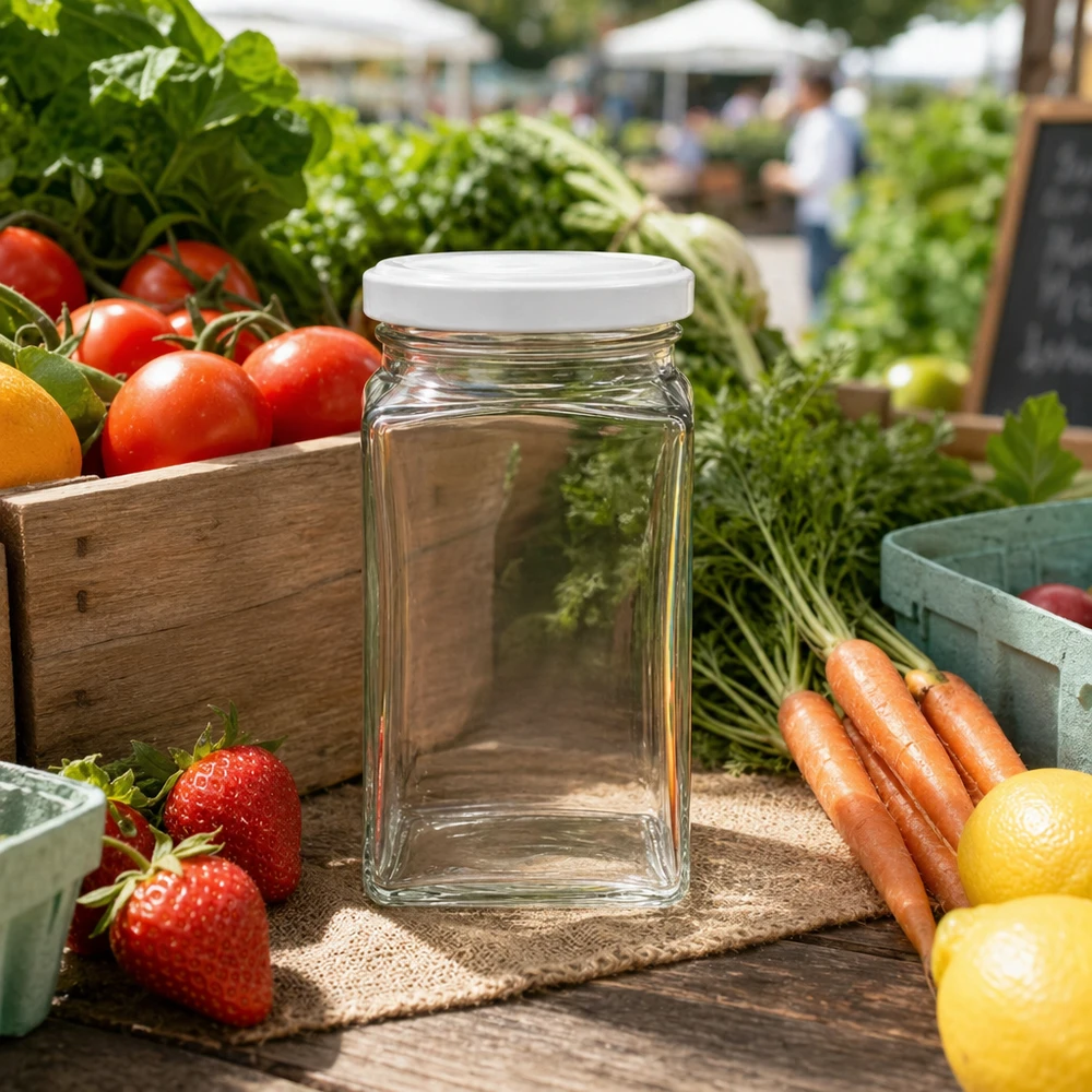 260ml Tetraglas BasicSeal blanc sur table en bois entouré de légumes et fruits frais dans une atmosphère de marché hebdomadaire