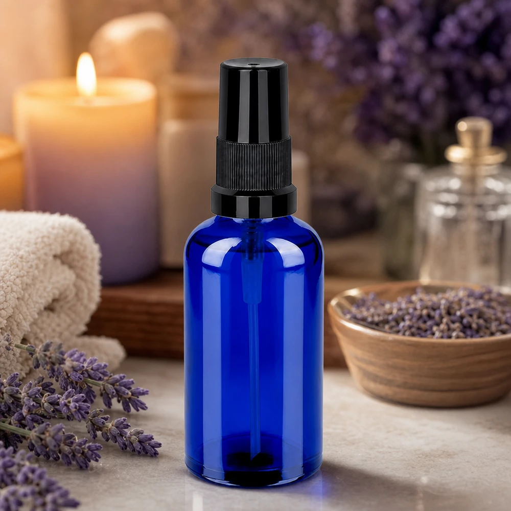 Vaporisateur 50ml noir STD BlueLine UT18/50 Vaporisateur robuste en verre bleu cobalt 50ml avec mécanisme de pulvérisation durable pour une utilisation quotidienne