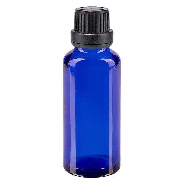 Flacon de pharmacie bleu 30ml bouchon vissable noir bouchon inviolabilité Flacon de pharmacie bleu 30ml bouchon vissable noir bouchon inviolabilité