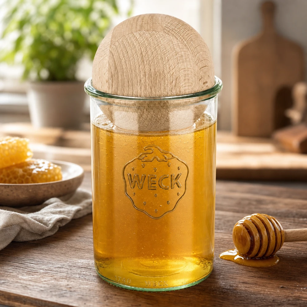 1000ml bocal conique WECK RR100 avec boule en bois en hêtre WECK Pot renversé 1000ml rempli de miel avec couvercle en forme de boule de hêtre, cuillère à miel et alvéoles sur table en bois dans une cuisine naturelle