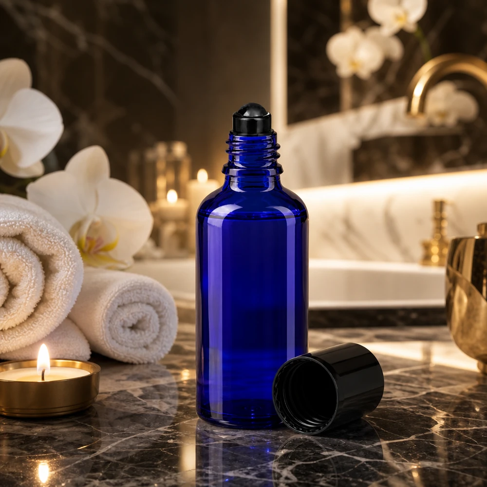 Flacon de déodorant en verre bleu 50 ml, déo à bille vide Flacon roll-on de 50 ml en verre bleu cobalt avec bouchon à vis noir, à côté d'une bougie