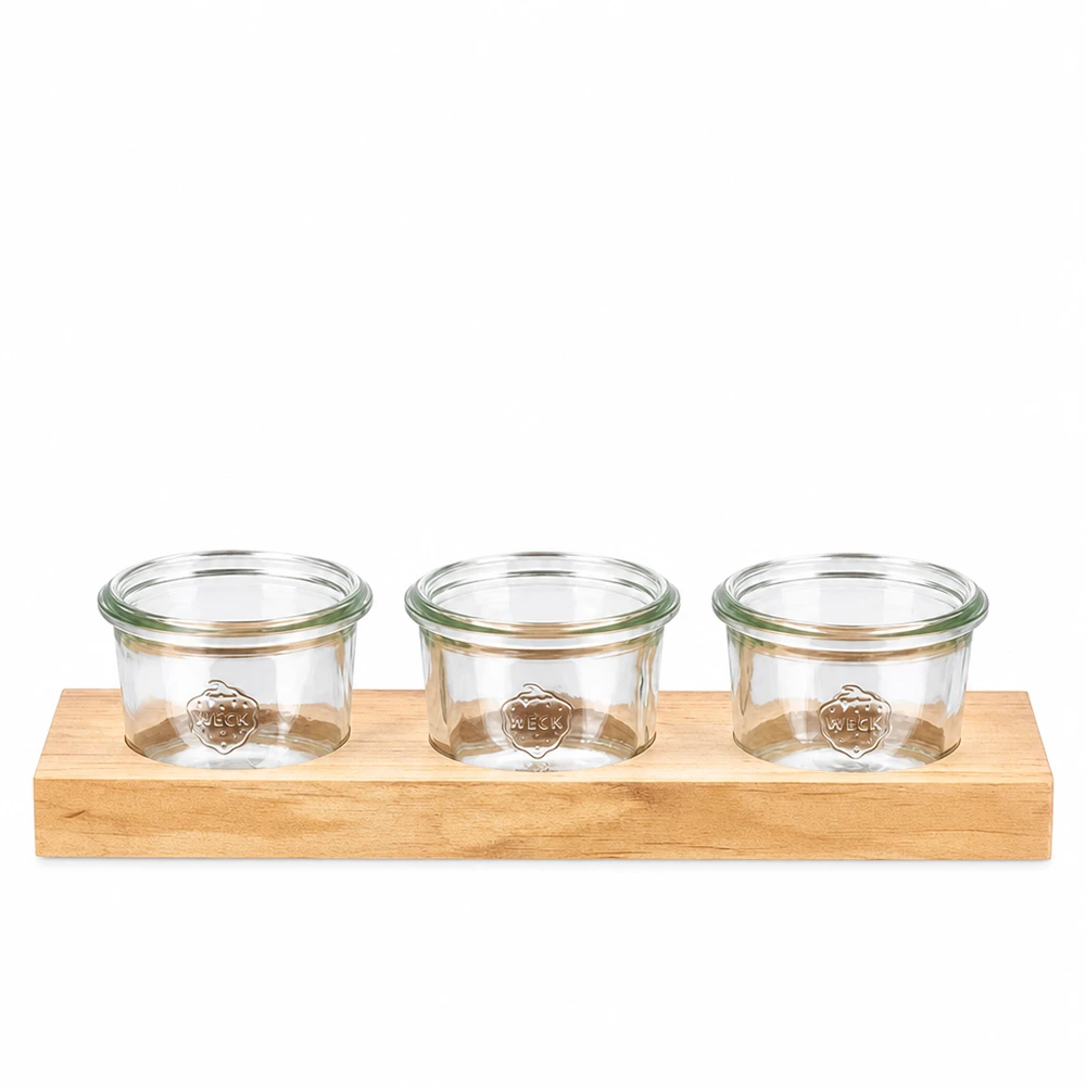 Planche de service Plano3 en bois avec 3 pots Weck 80ml pour dips, épices et snacks