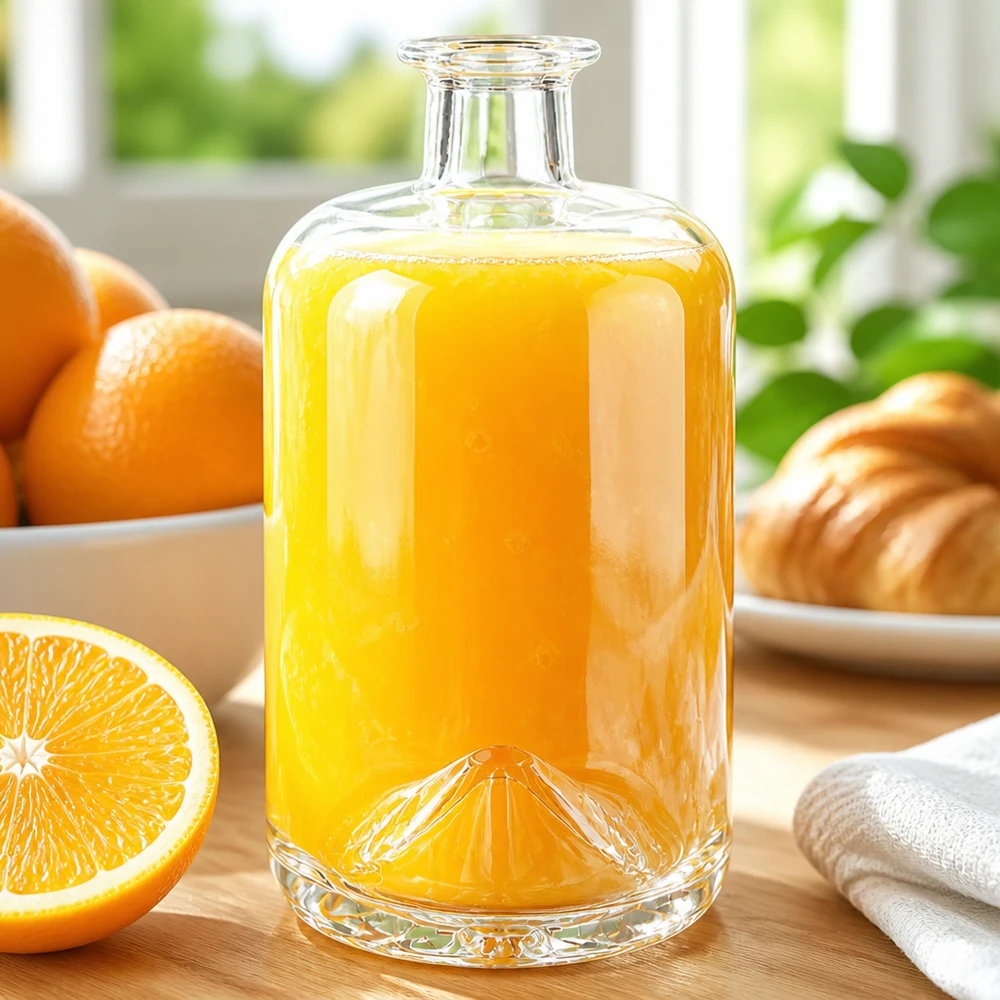 Flacon à pharmacie « Sofia » 700 ml sans bouchon UNiTWIST® Bouteille en verre de 700 ml Sofia remplie de jus d'orange à côté d'oranges fraîches et de croissants dans une scène de petit-déjeuner ensoleillée