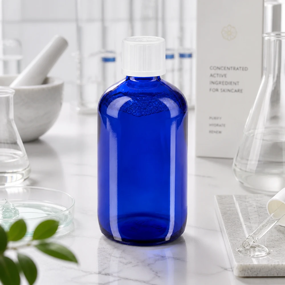 Flacon de pharmacie bleu 100ml bouchon compte-gouttes blanc sécurité enfant std Flacon en verre bleu de 100 ml avec compte-gouttes de 1,2 mm pour les principes actifs concentrés destinés aux soins de la peau