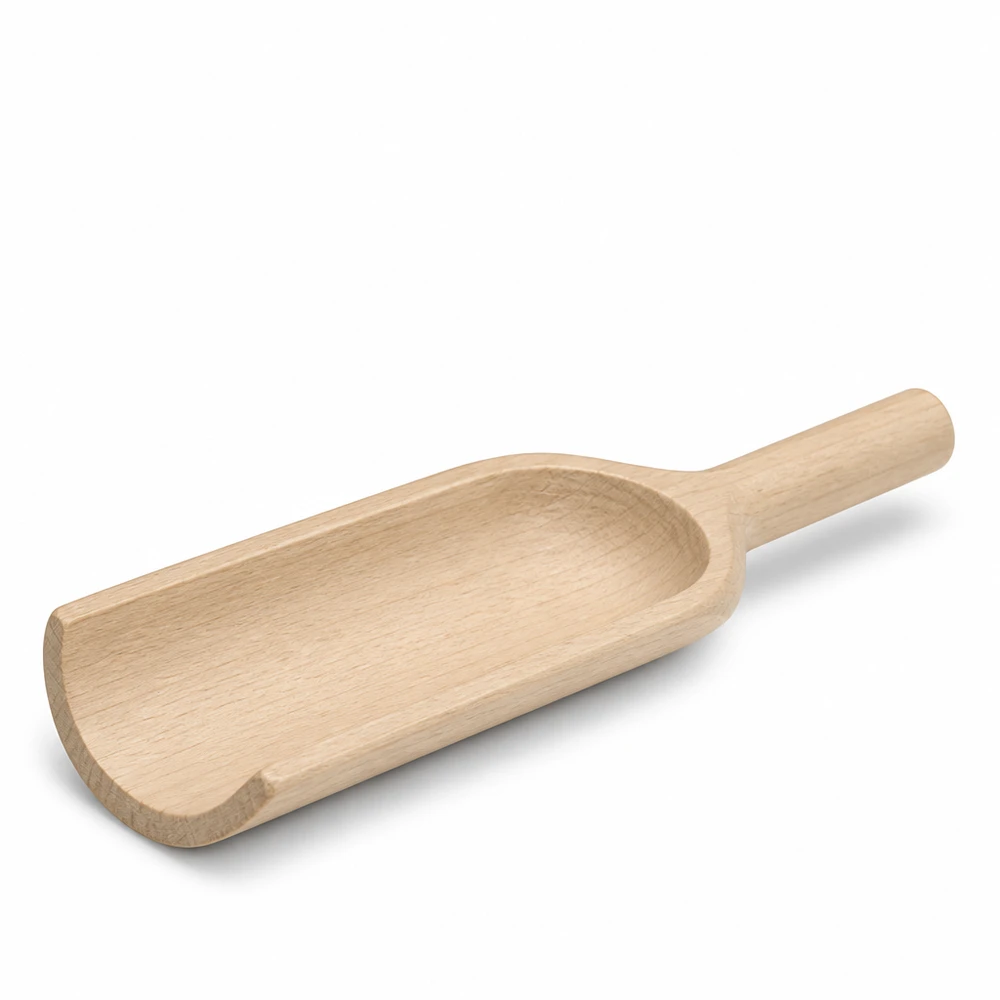 Pelle en bois L 18cm forme plate vue latérale montrant la poignée ergonomique et la lame de la pelle en bois naturel