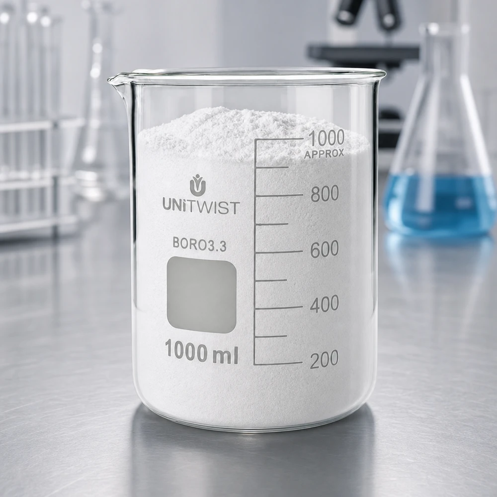 Bécher 1000ml borosilicate, forme basse UNiTWIST Bécher de 1 000 ml, forme basse, en verre borosilicaté, avec graduation et poudre blanche sur support en acier inoxydable
