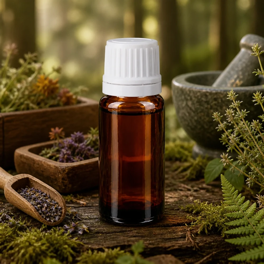 Flacon de pharmacie brun 10ml bouchon compte-gouttes 1.2mm blanc bouchon d'inviolabilité Flacon de pharmacie de 10 ml en verre ambré, muni d'un bouchon blanc précis posé sur un socle en bois naturel et contenant des plantes médicinales