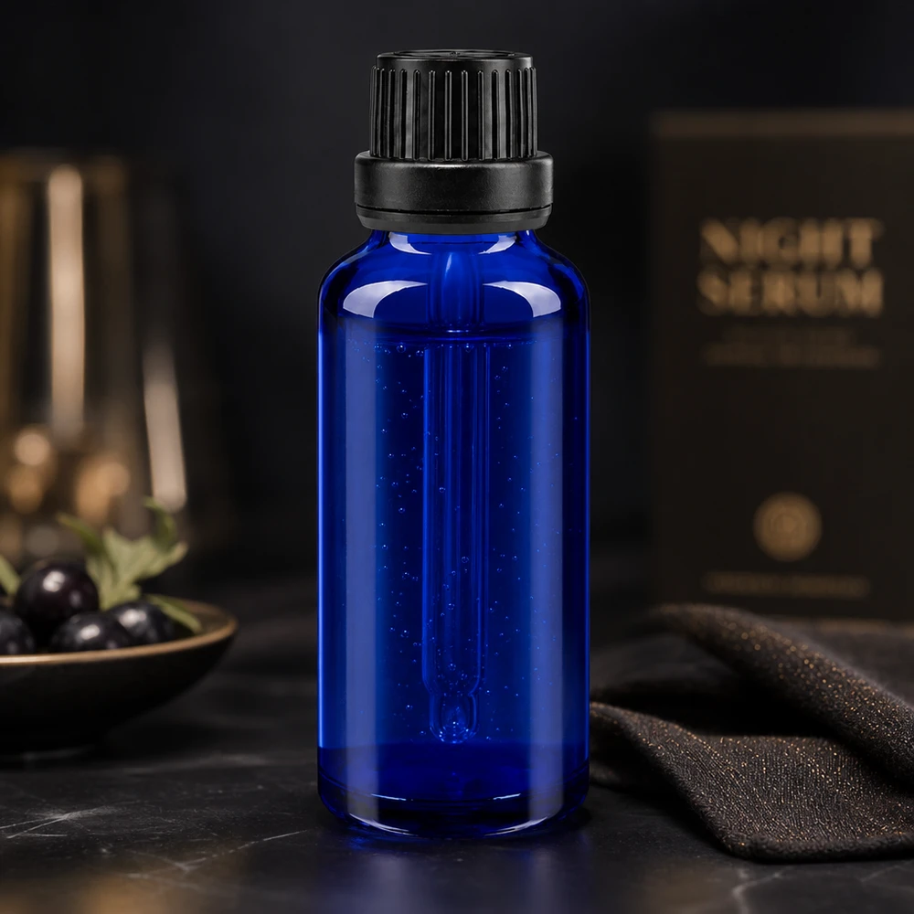 Flacon de pharmacie bleu 30ml bouchon compte-gouttes 2mm noir bouchon inviolabilité Flacon ApoGlas bleu de 30 ml avec compte-gouttes de 2 mm, présenté dans un emballage luxueux pour sérum de nuit