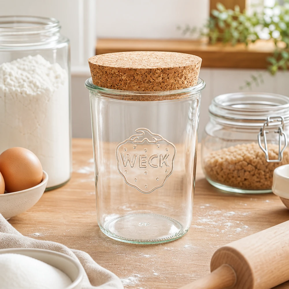 850ml bocal conique WECK RR100 avec bouchon nature WECK Verre renversé 850ml RR100 avec bouchon en liège naturel sur le plan de travail de la cuisine entre la farine, les œufs et les ustensiles de cuisson Scène de cuisine
