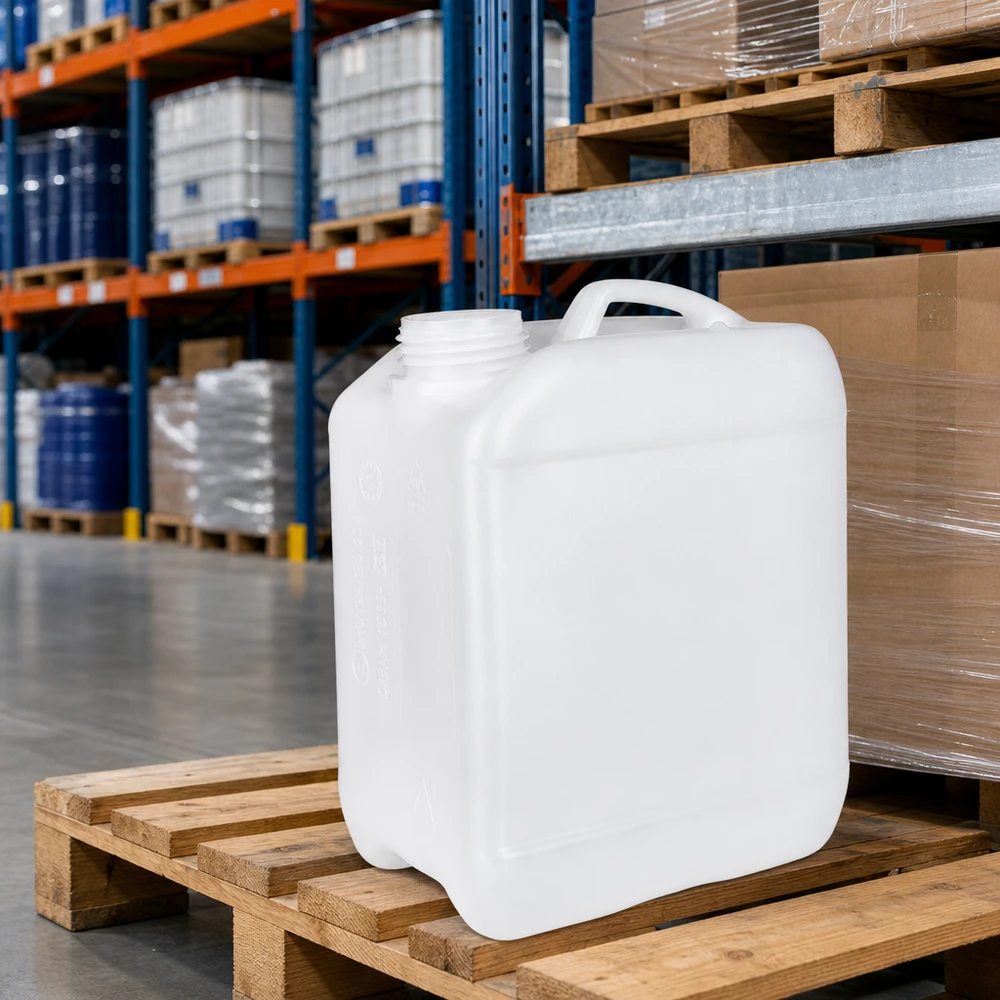 Bidon de 2,5 litres sans bouchon Petit bidon blanc en PEHD de 2,5 litres, muni d'un bouchon à vis et d'une poignée de transport, dans le centre logistique