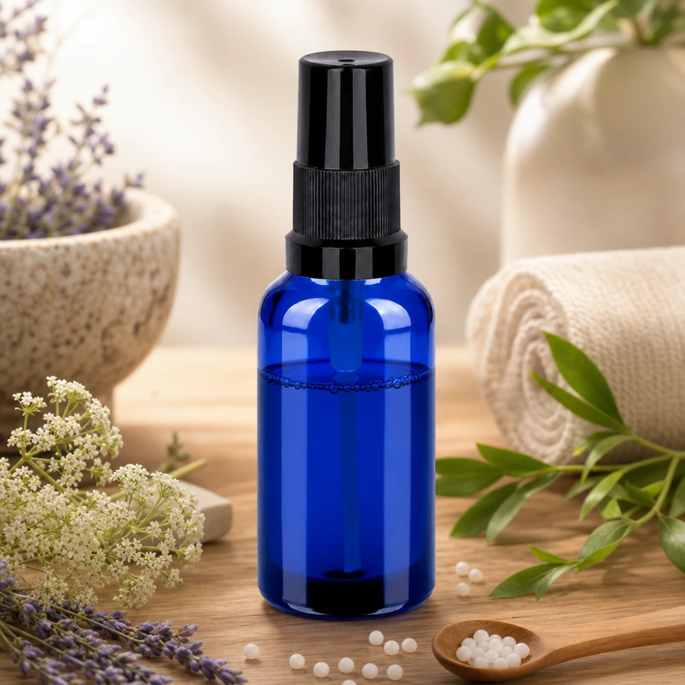 Vaporisateur 30ml noir STD BlueLine UT18/30 Vaporisateur en verre bleu pratique de 30 ml avec protection UV et bouchon vaporisateur noir