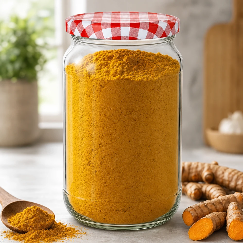 Bocal rond de 1062ml avec couvercle BasicSeal rempli de poudre de curcuma à côté de racines de curcuma fraîches dans une cuisine moderne