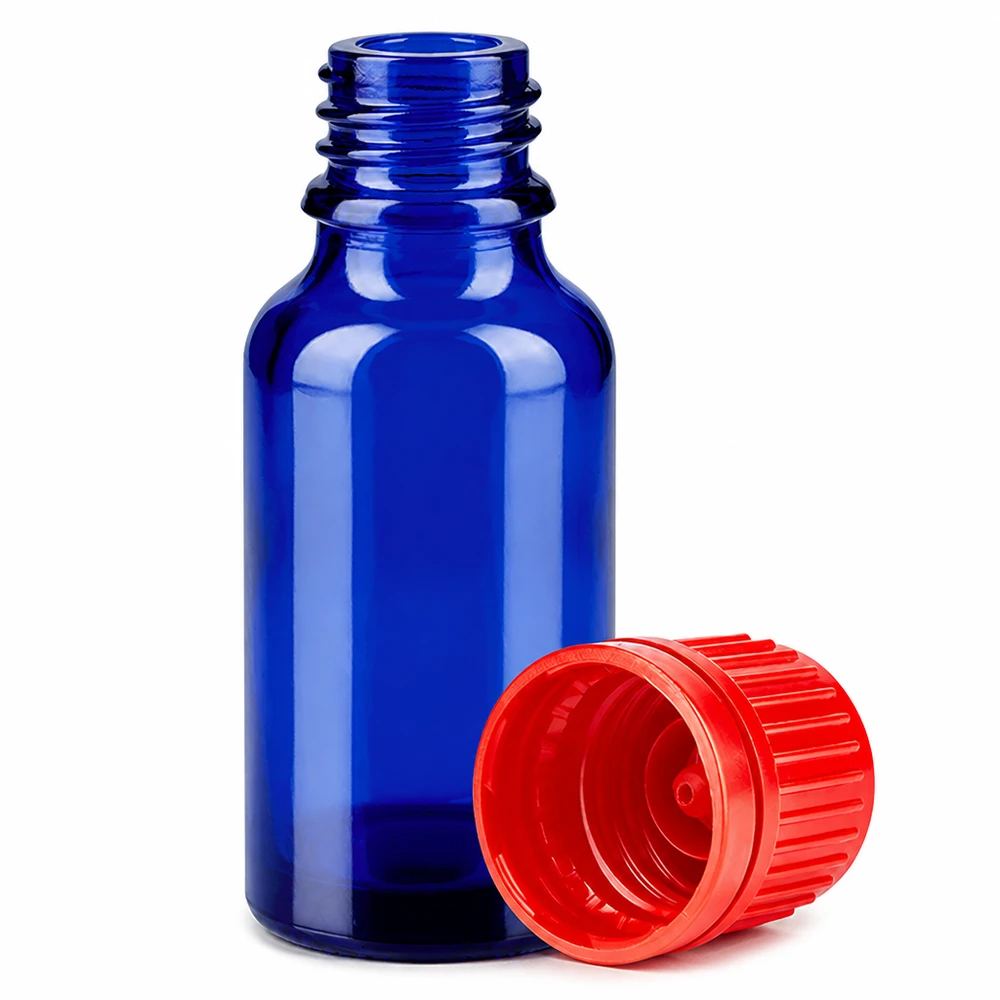 Flacon 20ml 11mm SV rouge OV BlueLine UT18/20 Bouteille en verre bleu de 20 ml avec un filetage de 11 mm et un bouchon rouge pour les applications de laboratoire