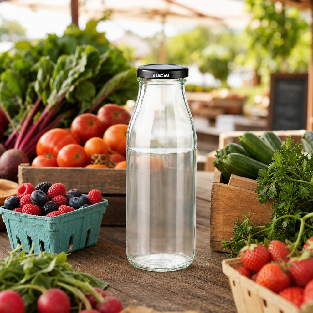 500ml Bouteille avec couvercle BioSeal noir UNiTWIST 500ml Glasflasche mit BioSeal Deckel zwischen frischem Marktgemüse Beeren und Kräutern in natürlicher Umgebung