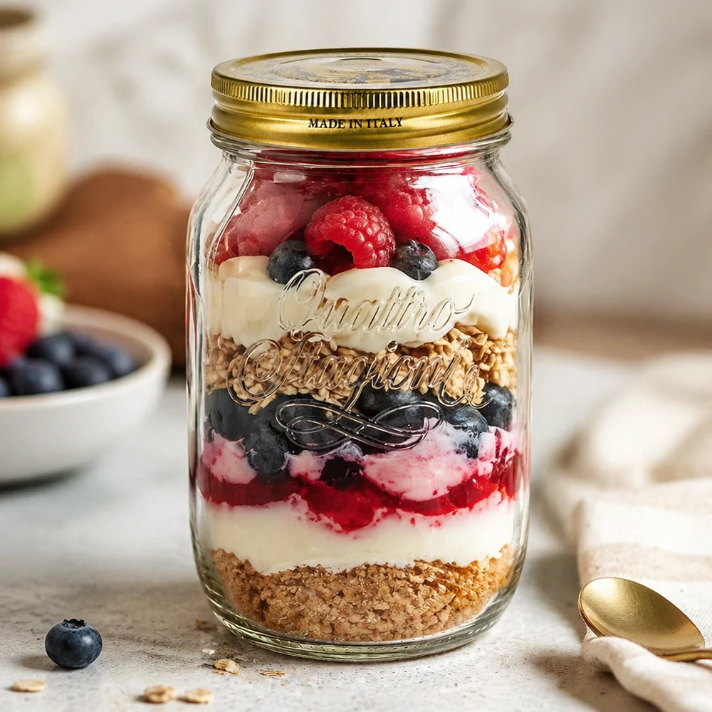 Quattro Stagioni pot 1000ml rempli de dessert stratifié baies yaourt granola pot italien utilisation